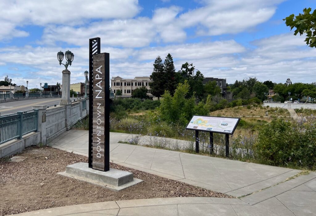 Downtown Napa pylon sits along the riverfront and creates a sense of place for this vibrant culinary town