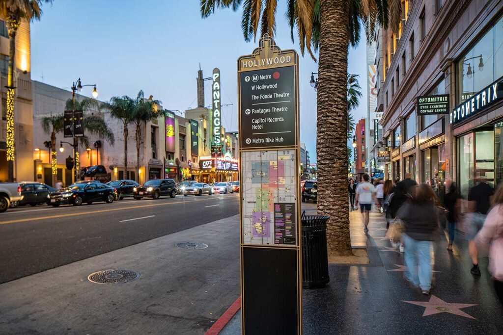 Hollywood signage with directions to Metro, W Hollywood, The Fonda Theatre, Pantages Theatre, Capitol Records Hotel and Metro Bike Hub 2