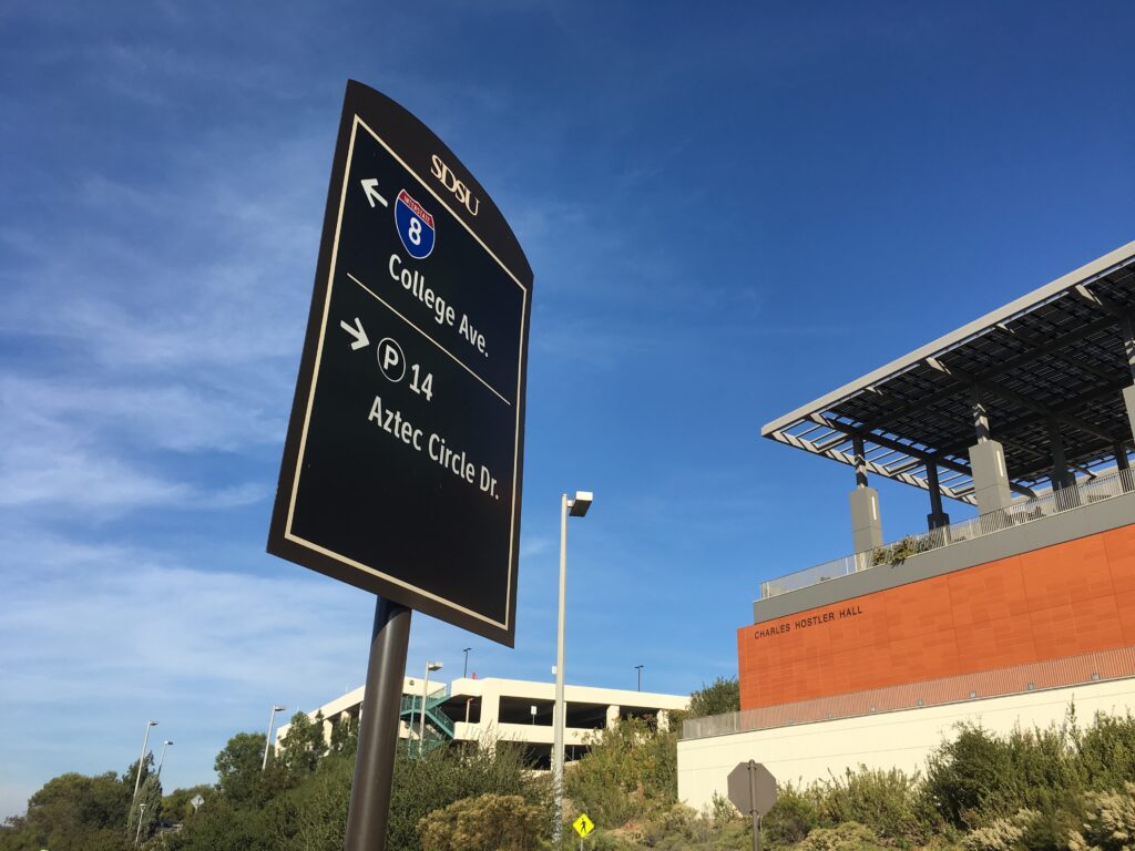 SDSU vehicular wayfinding sign guides visitors through the campus